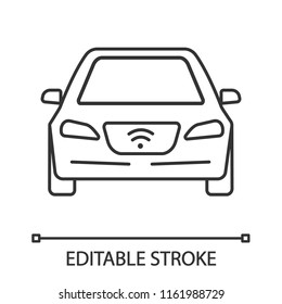 Smart car linear icon. NFC auto. Intelligent vehicle. Thin line illustration. Self driving automobile. Autonomous car. Contour symbol. Vector isolated outline drawing. Editable stroke