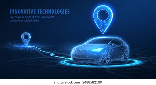 Smart car location connected with a pin icon by a line. Parking application, Gps point, Car sharing, Route path, Mobile navigation technologies, Share ride, City taxi, Map location, Rideshare concept