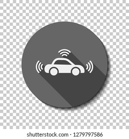 Smart car, modern autonomous auto, automatic transport, technology icon. flat icon, long shadow, circle, transparent grid. Badge or sticker style