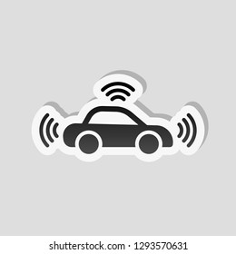 Smart car, modern autonomous auto, automatic transport, technology icon. Sticker style with white border and simple shadow on gray background