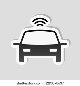 Smart car, modern autonomous auto, automatic transport, technology icon. Sticker style with white border and simple shadow on gray background