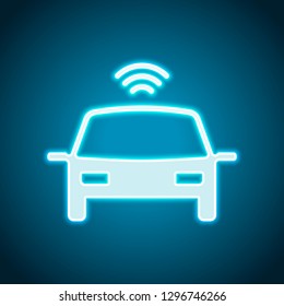 Smart car, modern autonomous auto, automatic transport, technology icon. Neon style. Light decoration icon. Bright electric symbol