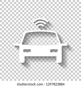 Smart car, modern autonomous auto, automatic transport, technology icon. White icon with shadow on transparent background