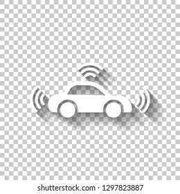 Smart car, modern autonomous auto, automatic transport, technology icon. White icon with shadow on transparent background