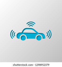 Smart car, modern autonomous auto, automatic transport, technology icon. Paper design. Cutted symbol with shadow