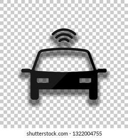 Smart car, modern autonomous auto, automatic transport, technology icon. Black glass icon with soft shadow on transparent background