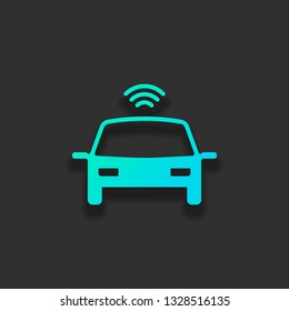 Smart car, modern autonomous auto, automatic transport, technology icon. Colorful logo concept with soft shadow on dark background. Icon color of azure ocean