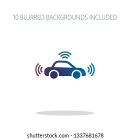 Smart car, modern autonomous auto, automatic transport, technology icon. Colorful logo concept with simple shadow on white. 10 different blurred backgrounds included