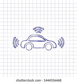 Smart car, modern autonomous auto, automatic transport, technology icon. Hand drawn picture on paper sheet. Blue ink, outline sketch style. Doodle on checkered background