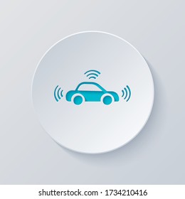 Smart car, modern autonomous auto, automatic transport, technology icon. Cut circle with gray and blue layers. Paper style
