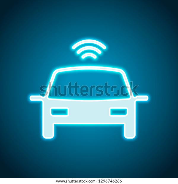 Smart car, modern autonomous auto, automatic\
transport, technology icon. Neon style. Light decoration icon.\
Bright electric symbol