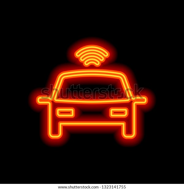 Smart\
car, modern autonomous auto, automatic transport, technology icon.\
Orange neon style on black background. Light\
icon