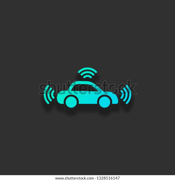 Smart car, modern autonomous auto,\
automatic transport, technology icon. Colorful logo concept with\
soft shadow on dark background. Icon color of azure\
ocean