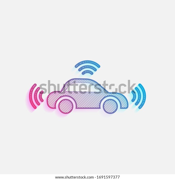 Smart car, modern autonomous auto,\
automatic transport, technology icon. Colored logo with diagonal\
lines and blue-red gradient. Neon graphic, light\
effect