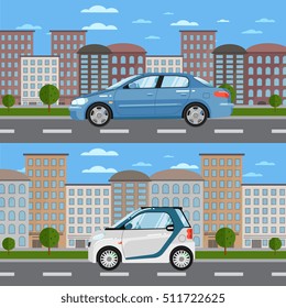 Smart car on road on city background. Vector compact and sedan car. Sedan and compact vehicles cartoon car on road. 