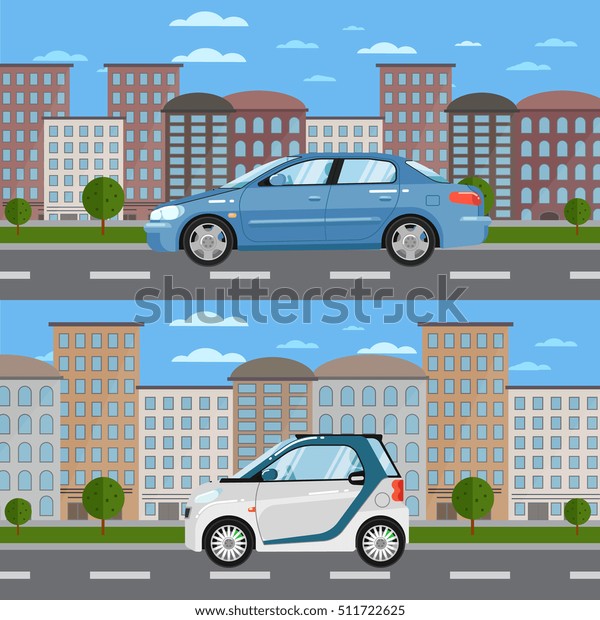 Smart car on\
road on city background. Vector compact and sedan car. Sedan and\
compact vehicles cartoon car on road.\
