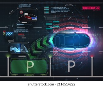 Smart Car Parking Assist System Parallel Parking Top View. Autonomous Car. Driverless Car System Security Scan The Road. Self Driving Vehicle. Future Concepts Smart Auto. HUD, GUI, Hologram. 