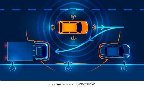 Smart Car Parking Assist System Parallel Parking. Vector Illustration.