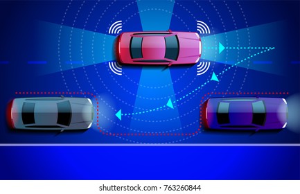 Smart Car Parking Assist System Parallel Parking. Vector Illustration.