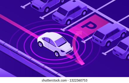 Smart car parking banner. Isometric illustration of smart car parking vector banner for web design