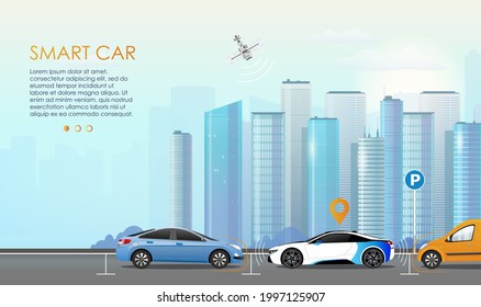 Smart car parking technology concept. Self-driving car with sensors automatically parked in parking lot. Self-parking car system. Vector illustration.