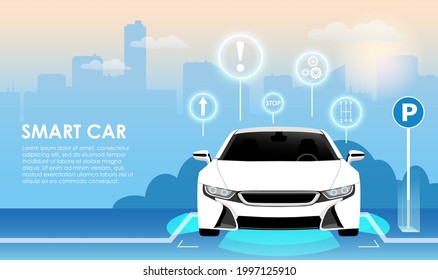 Smart car parking technology concept. Self-driving car with sensors automatically parked in parking lot. Self-parking car system. Vector illustration.