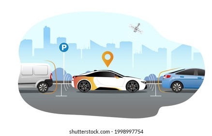 Smart car parking technology concept. Self-driving car with sensors automatically parked in parking lot. Self-parking car system. Vector illustration.