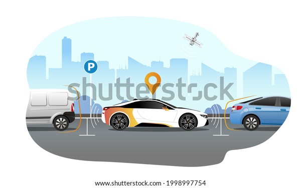 Smart car parking technology\
concept. Self-driving car with sensors automatically parked in\
parking lot. Self-parking car system. Vector\
illustration.