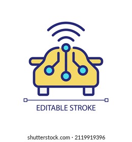 Smart car pixel perfect RGB color icon. Remote access to automobile control. Internet of Things. Isolated vector illustration. Simple filled line drawing. Editable stroke. Arial font used