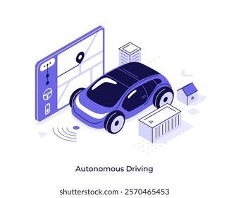 Smart car planning route across city with digital technology. Autonomous driving concept isometric vector illustration. Modern driverless vehicle in urban area cartoon objects composition