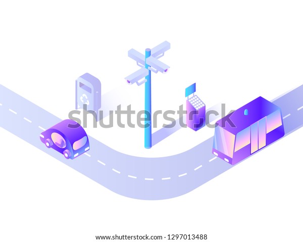 Smart car and public transport on street road\
vector. Stand with video surveillance, guarding citizens, bus and\
driver, garbage bin with\
recycling