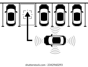 Smart Car with Remote Sensing and Sensor Parking System. Driverless or Autonomous Car. Smart Car Parking Sensor. Vector Illustration.  