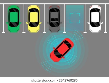 Coche inteligente con sistema de detección remota y de estacionamiento de sensores. Auto sin conductor o autónomo. Sensor de estacionamiento de auto inteligente. Ilustración vectorial.  