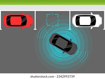 Smart Car with Remote Sensing and Sensor Parking System. Driverless or Autonomous Car. Smart Car Parking Sensor. Vector Illustration.  