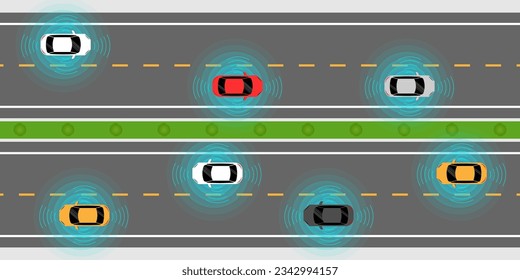 Smart Car with Remote Sensing and Sensor System. Driverless or Autonomous Car on the Road. Vector Illustration.  