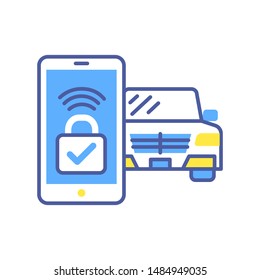 Smart car security system color line icon. Smartphone screen application for automous vehicle. Personal control car wireless protection. Pictogram for web page, mobile app. UI/UX/GUI design element.