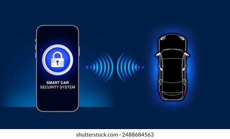 Control inteligente del sistema de seguridad del coche con la almohadilla de bloqueo. Monitoreo inalámbrico de smartphones y visualización de nivel de protección. Ilustración vectorial.