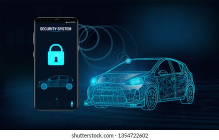 Smart car security system icon in futuristic style. The smartphone controls the car security on the wireless and shows the owner a level of protection of the car. Auto alarm concept. Vector