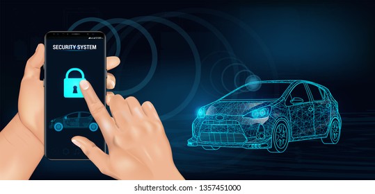 Smart car security system icon in futuristic style. The smartphone controls the car security on the wireless and shows the owner a level of protection of the car. Auto alarm concept. Vector