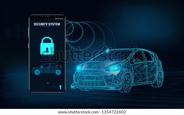 Smart car security system icon in futuristic\
style. The smartphone controls the car security on the wireless and\
shows the owner a level of protection of the car. Auto alarm\
concept. Vector