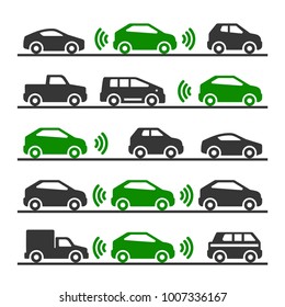 Smart Car with Sensors and Radars on the Road. Vector