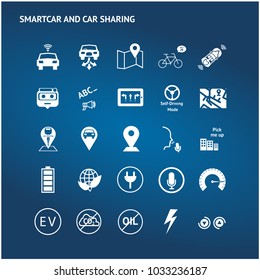 Smart car , car sharing , internet of things (iot) , Electric vehicle charging (EV) technology trend concept. White icons set of automotive on blue background.