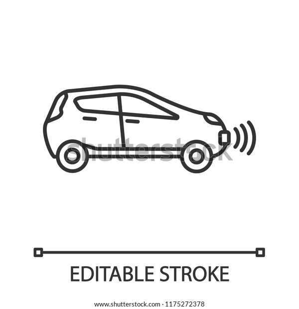 Smart car in side view linear icon. NFC auto.\
Intelligent vehicle. Thin line illustration. Self driving\
automobile. Autonomous car. Driverless vehicle. Vector isolated\
outline drawing. Editable\
stroke