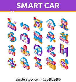 Vector de conjunto de iconos de la tecnología del coche inteligente. Isometric Smart Car Autopilot Y Help Parking, Conexión Satélite E Ilustraciones De Aplicaciones Telefónicas