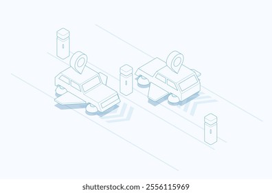 Smart car technology illustration, isometric style. Driverless or self driving car at road. Futuristic autonomous vehicle remote sensing system.