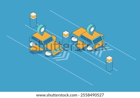 Smart car technology illustration, isometric style. Driverless or self driving car at road. Futuristic autonomous vehicle remote sensing system.