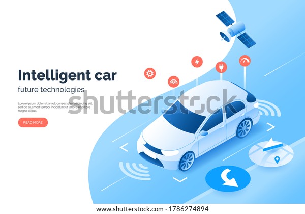Smart car\
technology illustration, isometric style. Vehicle GPS satellite\
navigation system. Autonomous car scans the space and road around\
it. Condition monitoring system of\
auto.