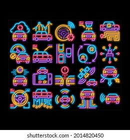 Smart Car Technology neon light sign vector. Glowing bright icon  Smart Car Autopilot And Help Parking, Satellite Connection And Phone Application Illustrations