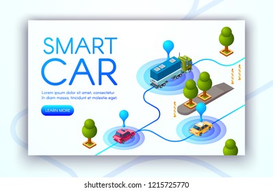 Smart car technology vector illustration of vehicle location tracking or GPS radars. Transport navigation and traffic control system for cargo trucks and carsharing taxi in city road