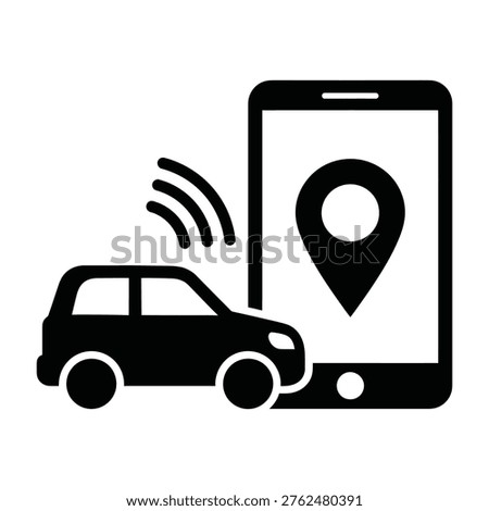 Smart car tracking and navigation icon with a smartphone showing a location pin and wireless signal for mobile app car rental services